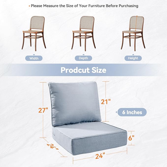 Luxury 6" Outdoor Cushions for Patio Furniture, 24x24x6" Thick Seat Cushion Set of 4, Fade Resistant Couch Chair Replacement Cushions High Density Wicker Chair Cushion w/ Removable Cover Baby Blue