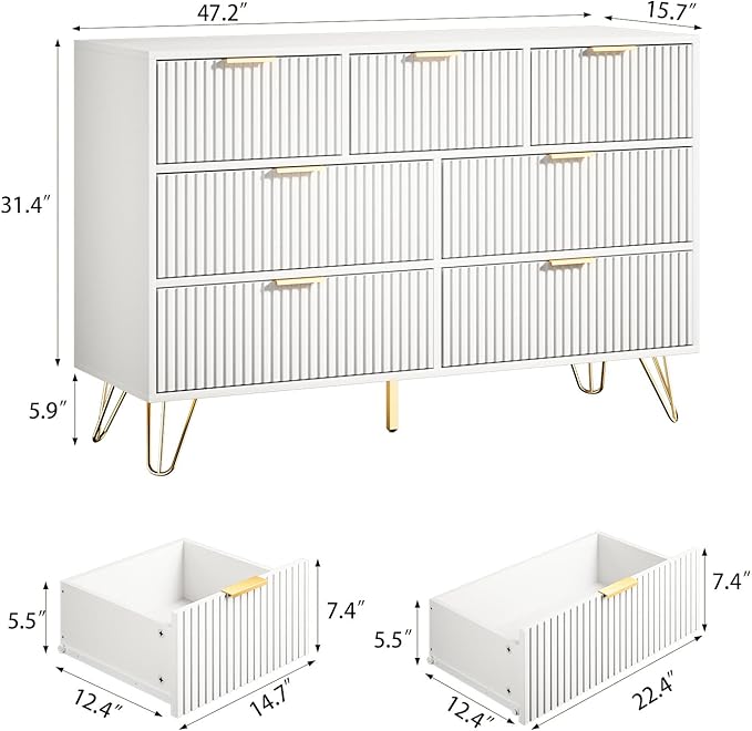 Dresser for Bedroom, Modern Fluted 47.2" Wide Chest of Drawers with Gold Pulls and 7 Drawers, 15.7" D x 47.2" W x 31.4" H, White