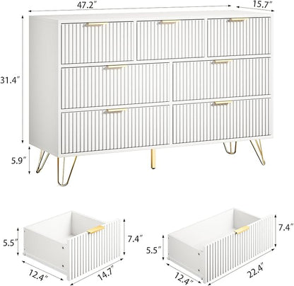 Dresser for Bedroom, Modern Fluted 47.2" Wide Chest of Drawers with Gold Pulls and 7 Drawers, 15.7" D x 47.2" W x 31.4" H, White