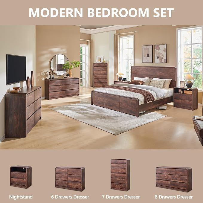 Modern 8 Drawers Dresser for Bedroom, 55" Wide Dressers & Chest of Drawers w/Curved Profile Design, Wood Mid Century Storage Dressers Organizer for Bedroom, Living Room, Brown