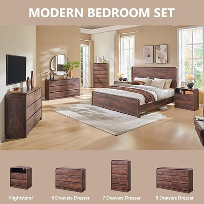 Modern 8 Drawers Dresser for Bedroom, 55" Wide Dressers & Chest of Drawers w/Curved Profile Design, Wood Mid Century Storage Dressers Organizer for Bedroom, Living Room, Brown
