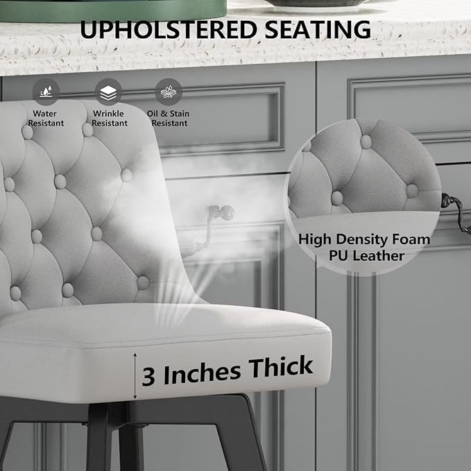 MINCETA Bar Stools Set of 4, PU Leather Barstools, 26 Inch Upholstered Counter Stools with Low Tufted Back and Footrest, Swivel Counter Height Barstools for Kitchen Island Home Bar Light Gray