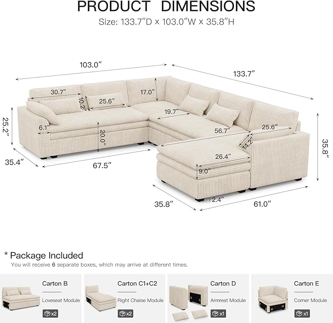 Belffin Large Modular Sectional Sofa with Deep Chaise, Corduroy U Shaped Couch with 9" Soft Dual-Layer 7 Seats Cushion for Living Room, Apartment, Beige
