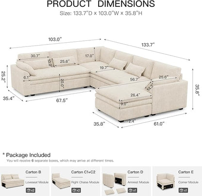 Belffin Large Modular Sectional Sofa with Deep Chaise, Corduroy U Shaped Couch with 9" Soft Dual-Layer 7 Seats Cushion for Living Room, Apartment, Beige