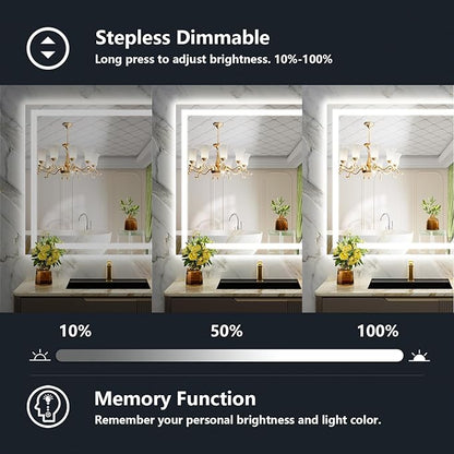 40x36 Inch LED Bathroom Mirror with Lights Front and Backlit Lighted Vanity Mirror for Bathroom Wall with 3 Colors Dimmable Anti-Fog Memory Shatter-Proof IP54 Waterproof Horizontal/Vertical