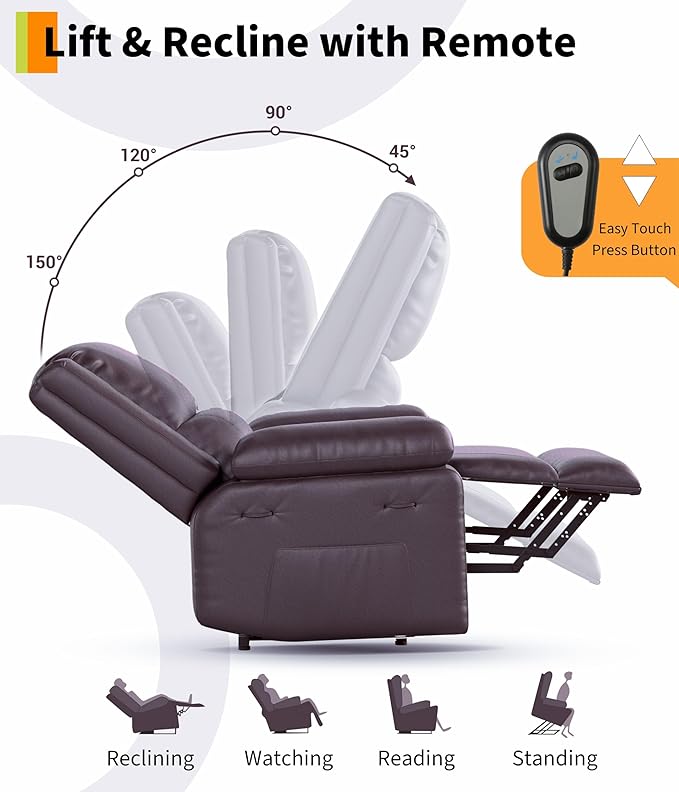 GarveeHome Power Lift Recliner Chair - Heat and Massage, PU Leather Electric Lift Recliner for Elderly & Mobility Impaired, Adjustable Back and Legs, Heavy Duty Lift Chair for Seniors
