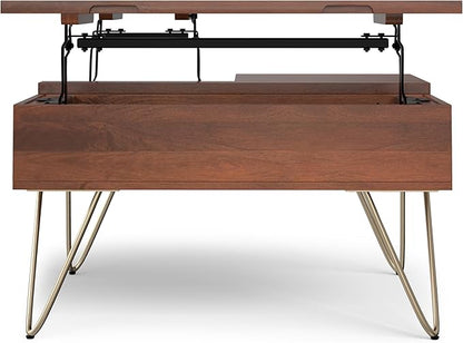 SIMPLIHOME Hunter Lift Top Coffee Table - 32 inch Wide Solid Mango Wood Industrial Square Cocktail Table in Umber Brown, Living Room Table with Dual Lift Tops, Hidden Storage and Gold Hairpin Legs