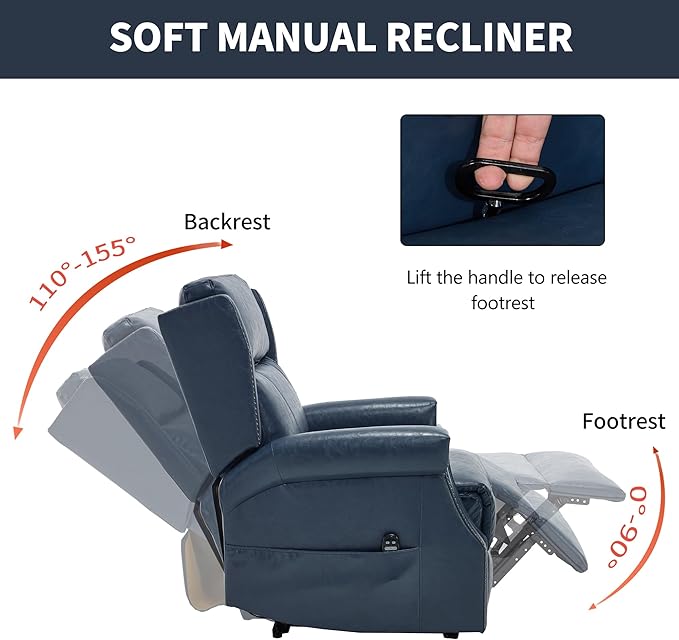 Manual Recliner Chair with Massage & Lumbar Heat, Breathable Leather Reclining Chair for Adults, Humanized Design Easy to Install Living Room Recliners Blue