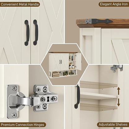 Bathroom Wall Cabinet, Farmhouse Medicine Cabinet with Adjustable Wood Shelf & 3 Doors, Over The Toilet Storage Cabinet for Wall Mounted for Bathroom Laundry Room Kitchen, White and Brown