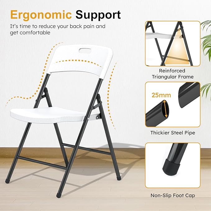 12 Pack Folding Chairs, 700lbs Capacity Heavy Duty Folding Chair with Reinfoced Steel Frame for Indoor/Outdoor Use, White Plastic Foldable Chairs for Party, Patio, Meeting, Wedding and School