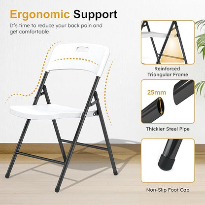 4 Pack White Folding Chairs, 700lbs Capacity Heavy Duty Folding Chair with Reinfoced Steel Frame for Indoor/Outdoor Use, Plastic Foldable Chairs for Party, Patio, Meeting, Wedding and School