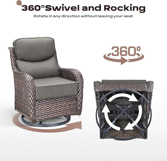 Rilyson Wicker Outdoor Patio Furniture Set - 6 Piece Patio Conversation Sets with Swivel Rocker Chairs, Ottomans, Sofa and Coffee Table, 6 inch Cushions, Deep Seating, for Porch Deck Brown/Grey