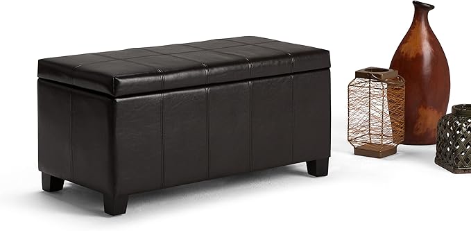 SIMPLIHOME Dover 36 inch Wide Contemporary Rectangle Storage Ottoman Bench in Tanners Brown Vegan Faux Leather, Assembled, For the Living Room, Entryway and Family Room