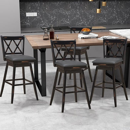 COSTWAY Bar Stool Set of 2, 360 ° Swivel Counter Height 29.5 inch Bar Stool with Foot Rest Upholstered Cushion & Ergonomic Backrest, Premium Foot Rest & Sturdy Frame (4, Black + Grey)