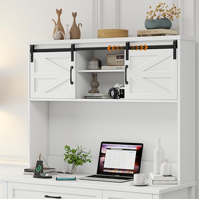 Farmhouse 47" Executive Computer Desk with 2 Drawers and Storage Cabinet, Home Office Desk with Hutch and Charging Station, Workspace for Work and Study (Cream White).