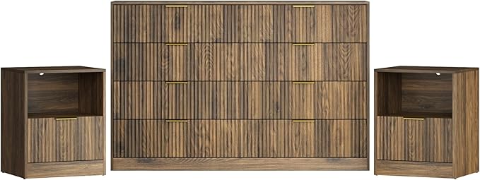 3-Piece Modern Bedroom Furniture Set, Wide 8-Drawer Dresser & 1-Drawer Nightstands Set of 2, Natural Wood Dresser and Nightstand Sets for Bedroom, Hallway, Walnut