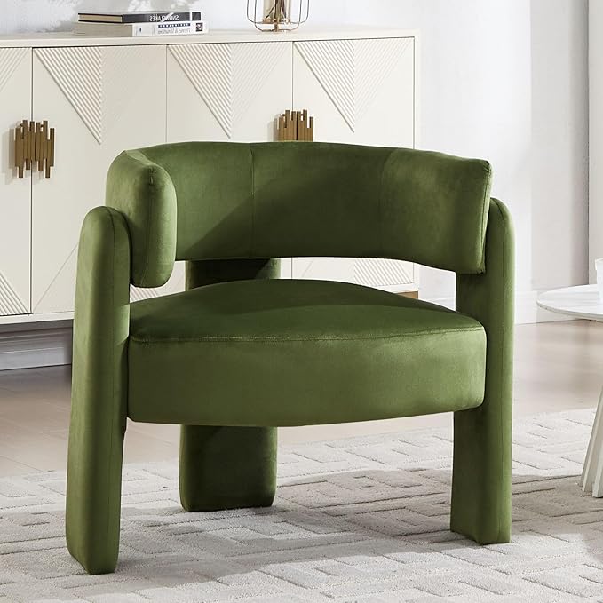 Velvet Accent Chair with Arms, Upholstered Barrel Armchair with Curved Back, Comfy Single Side Chair for Reading, Living Room, Home Office, Green