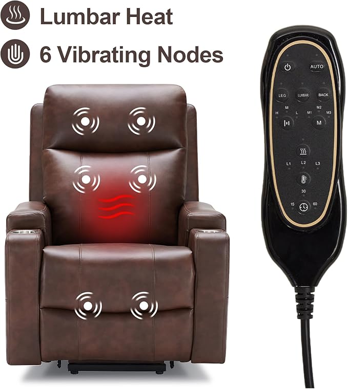 Triple Motor Power Lift Recliner Chair with Adjustable Lumbar Support, Lay Flat Recliner for Elderly, Breathable Brown Leather Recliner, Lift Chair Massage & Heating, USB Ports, Cup Holders
