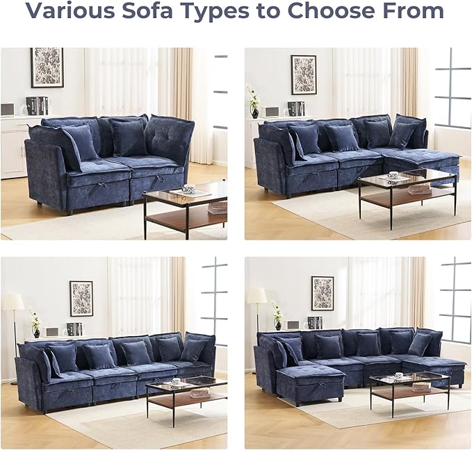 133'' Modular Sectional Sofa, Oversized U Shaped Couch with Storage Ottoman, Comfy Chenille Sofa with Deep Seat, 6 Seat Convertible Couches for Living Room, Blue
