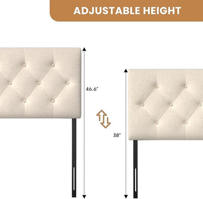 Tufted Upholstered Headboard Queen Size, Solid Wood Head Board with Durable Metal Legs, Linen Fabric Padded Headboard, Adjustable Height from 37” to 51”, Modern Button Design Head Board, Beige