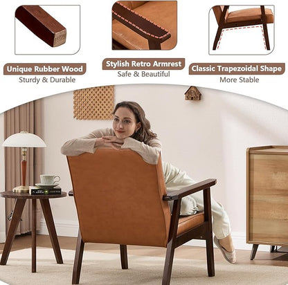ANJ Mid Century Modern Accent Chair for Living Room, Tufted Faux Leather Armchair, Comfy Retro Bedroom Side Chair with Dark Wood Frame, Orange Brown