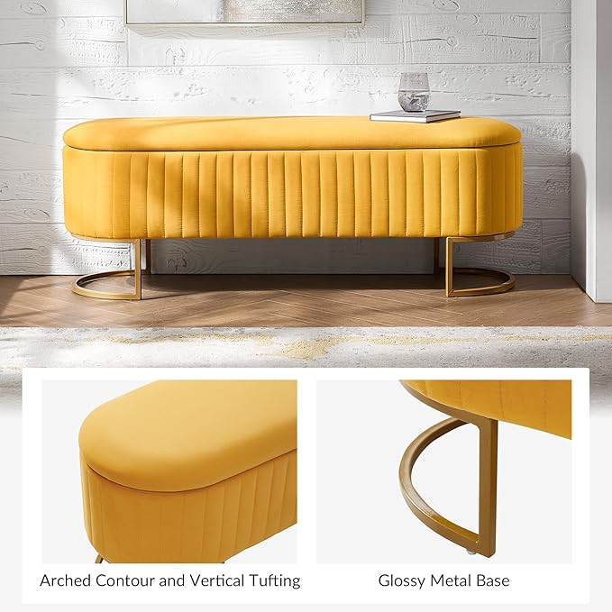 EcoHarbor Living 50.5" Bedroom Velvet Storage Bench,Upholstered End of Bed Bench with Gold Legs,Entryway Footrest Seat, Mustard