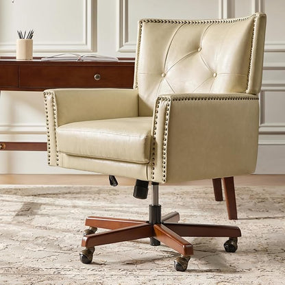 HULALA HOME Modern Home Office Chair with Tilt Lock & Metal Base, Desk Chair with 360° Swivel & Tilt Function, Height Adjustable, Wide Seat Computer Task Chair with Wheels & Padded Cushion, Beige