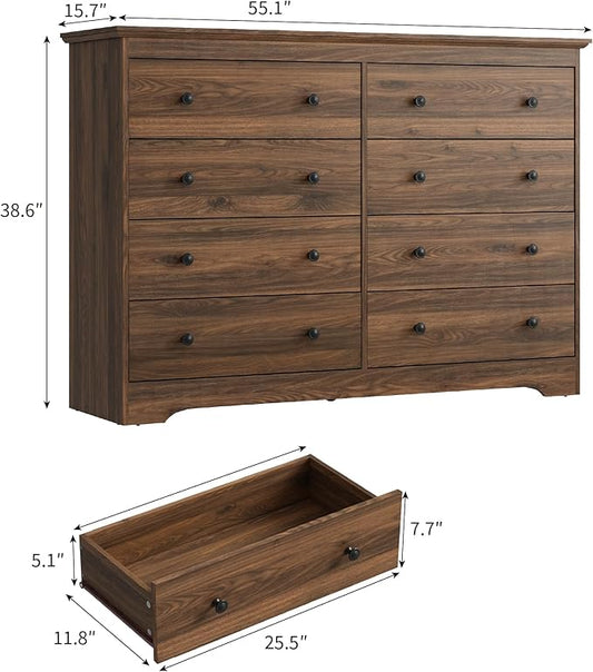 Dresser for Bedroom, 8 Drawer Dresser with Large Drawers, 55 Inch Wide Wood Chest for Living Room, Hallway, Walnut