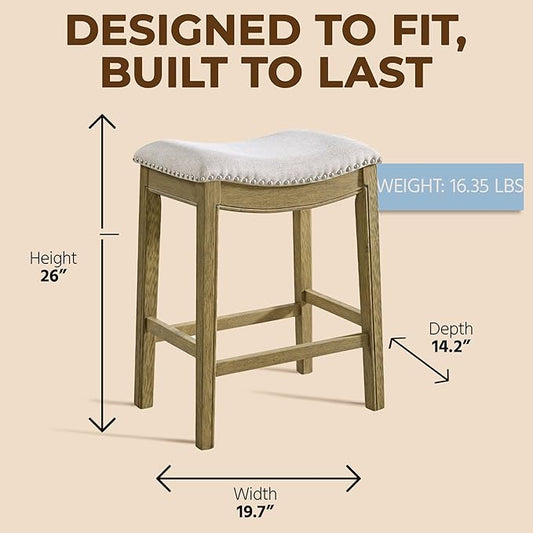 ROME + OAK Set of 4 Parker 26" Counter Stool, Backless Saddle Kitchen Barstool in Natural Wood Finish with Wheat Cream Fabric Upholstery Cushion Seat