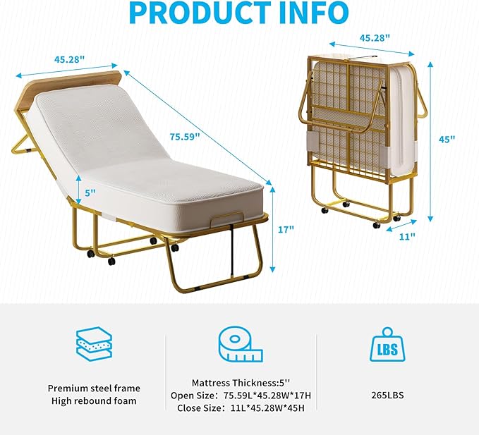 Mjkone Folding Bed with 5" Memory Foam Mattress & Upgraded 75x45 Frame Single Portable Guest Bed, Space-Saving Design, Lockable Wheels for Easy Moving, Quick Assembly & Compact Storage-Gold