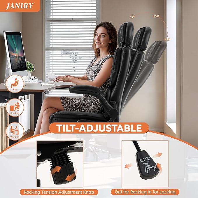 Comfortable Office Chair,Executive Leather Computer Chair with Lumbar Support,Adjustable Height & Armrests,Black