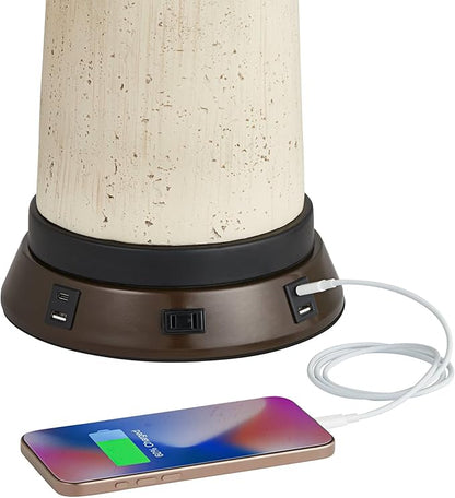 Possini Euro Design Cosgrove Mid Century Modern Table Lamp with USB and AC Power Outlet Workstation Charging Base 26.5" High Textured White Ceramic Light Brown Linen Drum Shade for Living Room