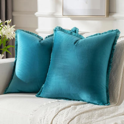 FUTEI Teal Velvet Decorative Throw Pillow Covers 24x24 Set of 2,Soft Cozy Edge with Tassels European Cushion Case,Boho Modern Home Decor for Couch Bed Living Room