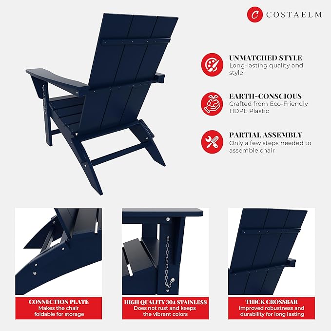 Costaelm Folding Adirondack Chairs, Outdoor Patio Adjustable Lawn Chairs, Weather Resistant Outside Firepit Chairs for Porch, Poolside, Garden, Backyard Deck, Navy Blue