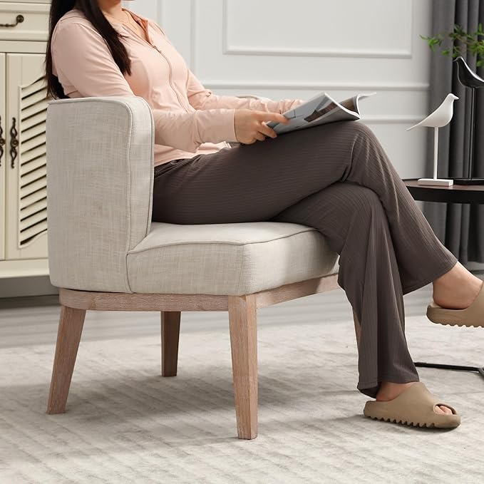 Set of 2 Arm Accent Chair Barrel Accent Chair with Wood Legs, Comfy Barrel Side Chair Linen Upholstered Reading Chairs with Back for Living Room Bedroom, Living Room Chair, Beige