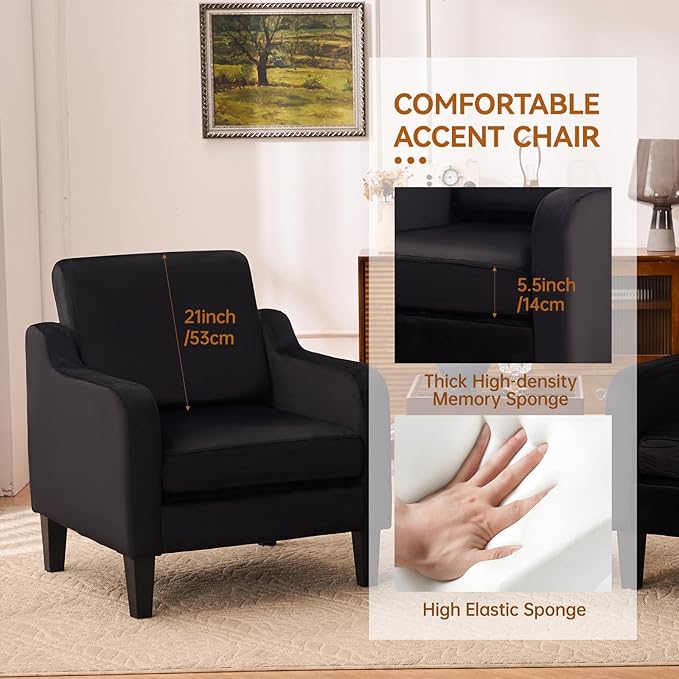 Accent Chair with Soft Armrest, Modern Living Room Chairs, Upholstered Comfy Chair with Cushion, Boucle Pottery Barn Accent Chair Sofa Chair, Single Arm Chair for Waiting Room, Black