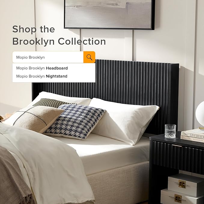 mopio Brooklyn 62.4" Headboard Only, Wood Headboard, Modern Farmhouse, Boho, Wall Mount, Fluted Panel, Wingback Design (Black Oak, Queen)