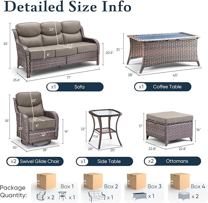 Belord Luxury 6" Thick Cushioned 7 Pieces Patio Furniture Set with Outdoor Couch, Wicker Outdoor Conversation Set with High Back Swivel Rocker Chairs for Deck Porch Yard and Poolside - Brown+Grey