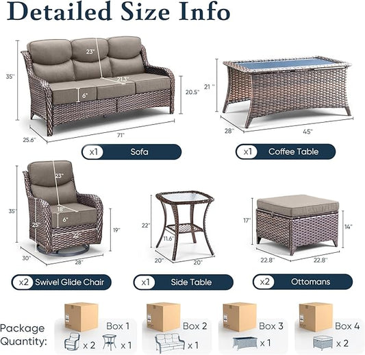 Belord Luxury 6" Thick Cushioned 7 Pieces Patio Furniture Set with Outdoor Couch, Wicker Outdoor Conversation Set with High Back Swivel Rocker Chairs for Deck Porch Yard and Poolside - Brown+Grey
