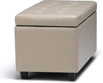 SIMPLIHOME Cosmopolitan Storage Ottoman - 34 inch Wide Upholstered Vegan Leather Rectangle Storage Ottoman Bench in Satin Cream, Transitional Tufted Ottoman for Living Room with Lift-Up Lid