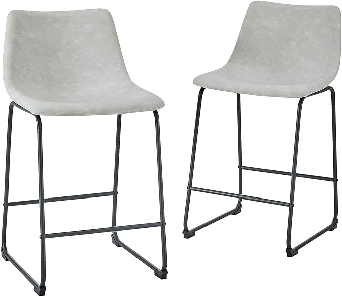 Walker Edison Douglas Urban Industrial Faux Leather Armless Counter Chairs, Set of 2, Grey