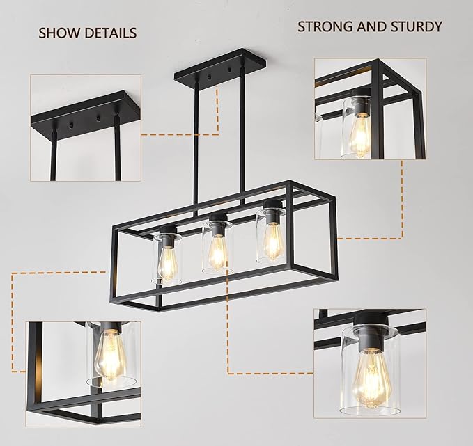Farmhouse Dining Room Light Fixture Kitchen Island Pendant Lighting Rectangle Black Dining Room Lighting Fixture Modern Pendant Contemporary Chandeliers with Glass Shade Adjustable