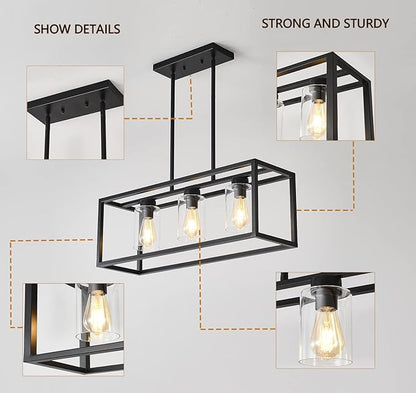 Farmhouse Dining Room Light Fixture Kitchen Island Pendant Lighting Rectangle Black Dining Room Lighting Fixture Modern Pendant Contemporary Chandeliers with Glass Shade Adjustable