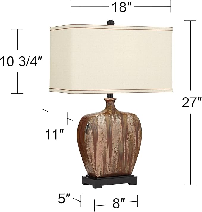 Possini Euro Design Julius Modern Rustic Style Table Lamps 27" Tall Set of 2 Ceramic Copper Drip Rectangular Fabric Shade Decor for Living Room Bedroom House Bedside Nightstand Home Office Reading