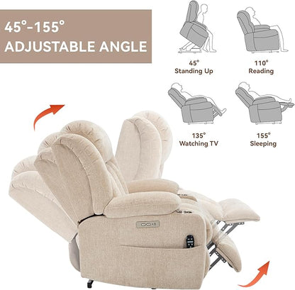 Power Lift Chair for Elderly, Electric Recliner Chair with 8-Point Vibration Massage and Lumbar Heating, Charging Ports, Cup Holders, Standing Assistance Reclining - Ivory White