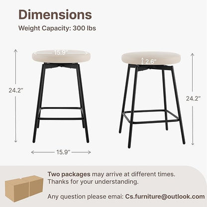Swivel Bar Stools Set of 6, 24" Counter Height Bar Stool, Backless Barstools with Faux Leather Upholstered Seat&Sturdy Wood Legs for Kitchen Island, Beige