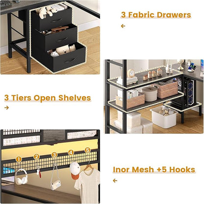 ADORNEVE Loft Bed Full Size with L-Shaped Desk, 3 Storage Drawers, Power Outlet, 3 Storage Shelves, Metal Loft Bed Frame with RGB Lights, Bed with Safety Guardrail & Ladders,Space-Saving, Grey