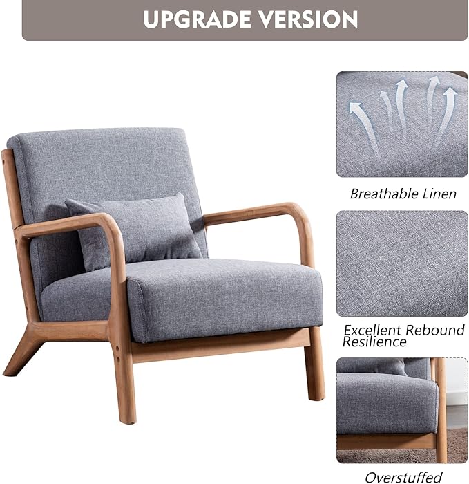 ANJHOME Mid Century Modern Accent Chair, Single Fabric Lounge Reading Armchair with Solid Wood Frame, Easy Assembly Arm Chairs for Living Room, Grey