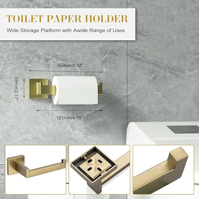 16 in Matte Bathroom Accessories Set, Bath Towel Bar Set, Stainless Steel Bathroom Hardware Set, Towel Racks for Bathroom Wall Mounted 5 Pcs （Golden）
