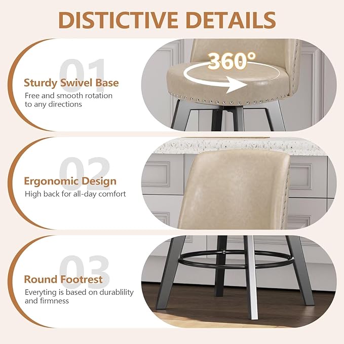 MINCETA Bar Stool, PU Leather Barstool, 26 Inch Upholstered Counter Stool with High Back and Footrest, Swivel Counter Height Barstool for Kitchen Island Home Bar Khaki